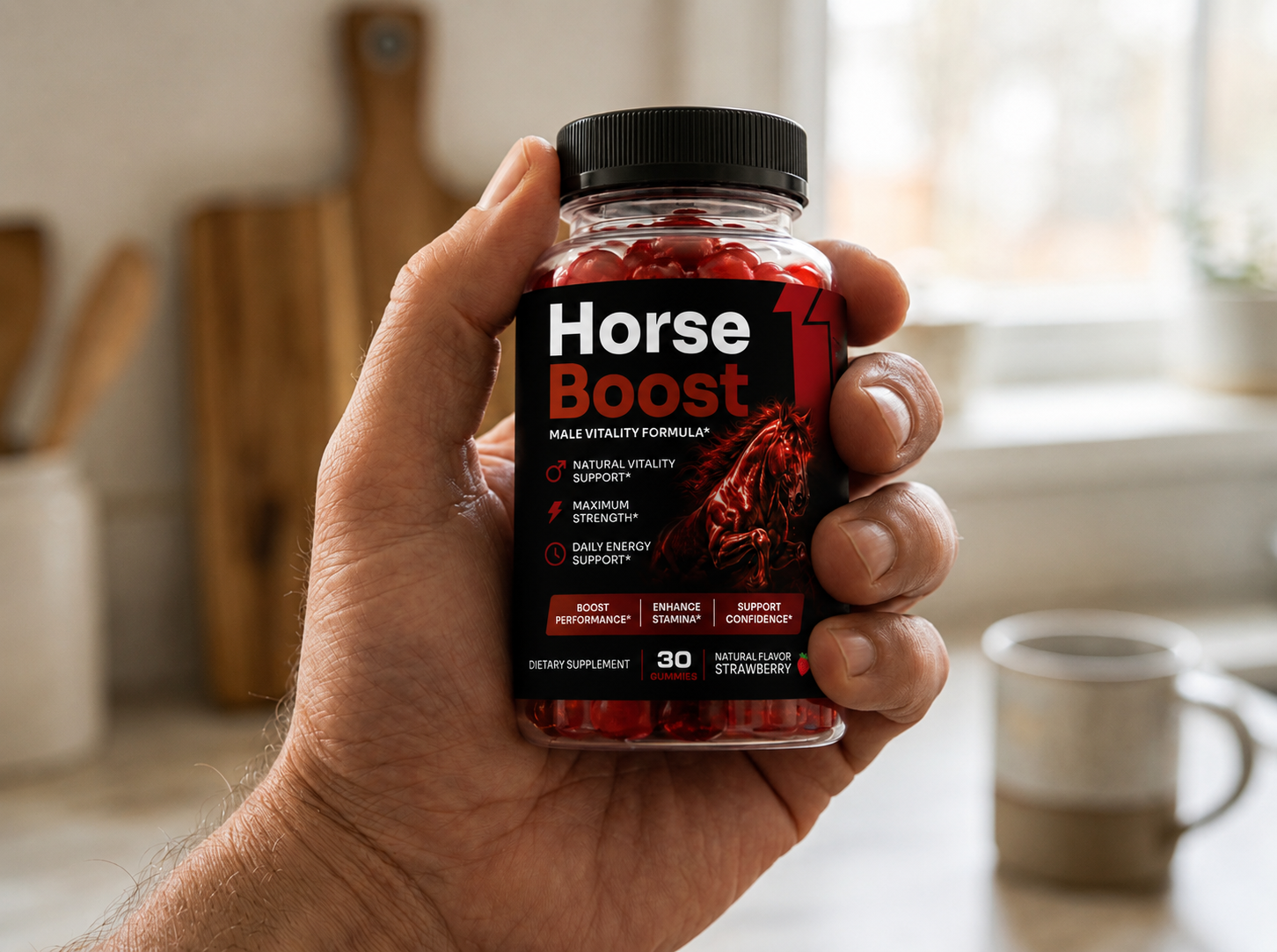 Man holding Horse Boost bottle
